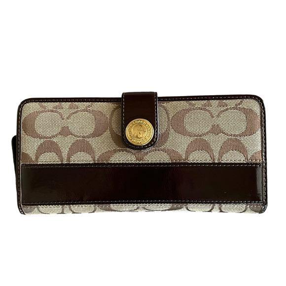 COACH Women's Brown Leather Legacy Signature C Monogram Canvas Tri-Fold Wallet - Picture 1 of 9